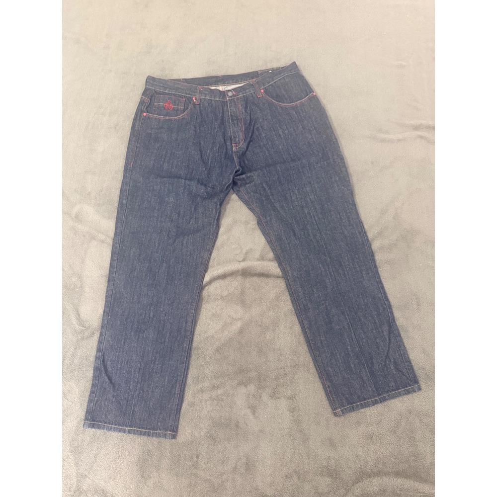 VTG Eight 732 Mens Dark Wash Baggy Denim Jeans 44x34 Red Stitch Streetwear Y2K